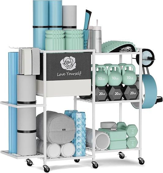 Yoga Mat Storage Rack，Home Gym Storage Rack Gym Workout Equipment Storage Organizer Fitness Weight Rack on Wheels for Yoga Mat,Yoga Block,Foam Roller,Resistance Band,Dumbbell,Kettlebell and Other Workout Accessories
