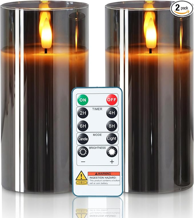 Homemory Grey Glass Flameless Candles Battery Operated LED Pillar Candles with Remote and Timer, Real Wax Flickering Candles with 3D Wick for Home Wedding Holiday Decor, Set of 2, 3"x6"