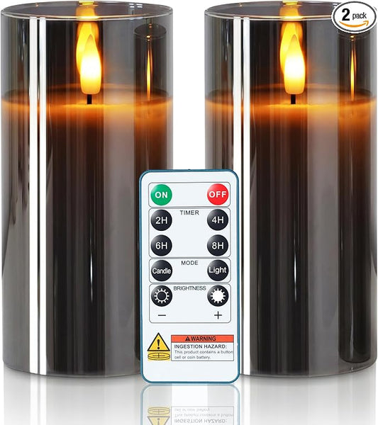 Homemory Grey Glass Flameless Candles Battery Operated LED Pillar Candles with Remote and Timer, Real Wax Flickering Candles with 3D Wick for Home Wedding Holiday Decor, Set of 2, 3"x6"