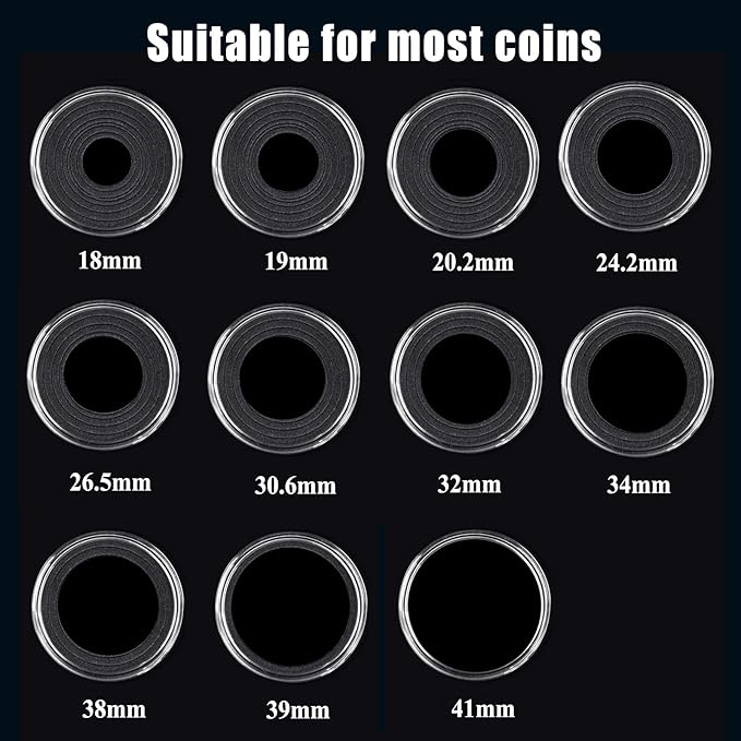 MUDOR Silver Dollar Coin Holders with 10 Size Gasket, 100 Pack Coin Storage Cases for Silver Eagle,Morgan,Cent,Nickel,Quarter, Plastic Coin Collection Supplies Protectors Capsules for Collectors