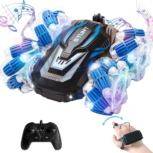 YEMIAI Remote Control Car, 2.4 Ghz 4WD Gesture Sensing RC Stunt Car, Double Sided 360° flip, with Cool Lights and Music, Birthday Present Toys Car for Boys SND Girls Aged 5-12 (Blue)