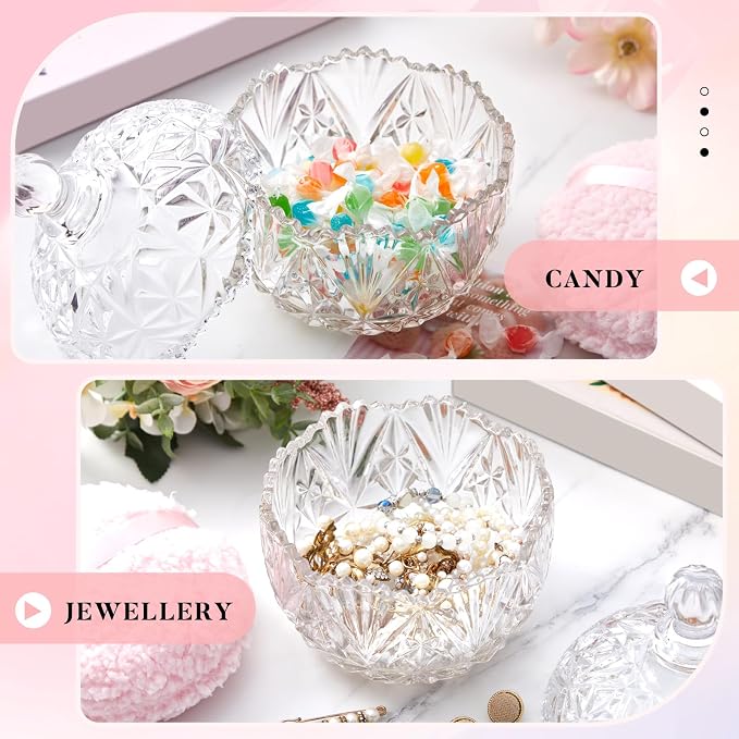 Tioncy 2 Pcs Extra Large Dusting Powder Puff and Container for Women-6'' Glass Crystal Dusting Powder Container with Body Soft Washable Reusable Velour Face(Clear,Crown)