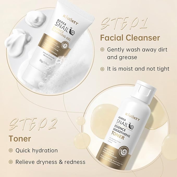 Snail Skin Care Set with Red Ginseng - 5PCS Korean Skin Care Set with Facial Cleanser, Toner, Serum, Eye Cream & Face Cream - Moisturizing and Smoothing Skin - Skincare Gifts for Women Teen Girls