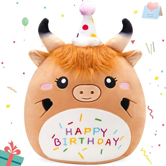 12'' Birthday Highland Cow Plush Pillow, Cute Scottish Highland Cow Stuffed Animal, Happy Birthday Plush Toy Party Decor Gifts for Kids Boys Girls