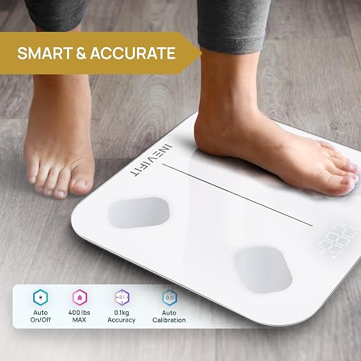 INEVIFIT Smart Body Fat Scale, Highly Accurate Bluetooth Digital Bathroom Body Composition Analyzer, Measures Weight, Body Fat, Water, Muscle, Visceral Fat & Bone Mass for Unlimited Users