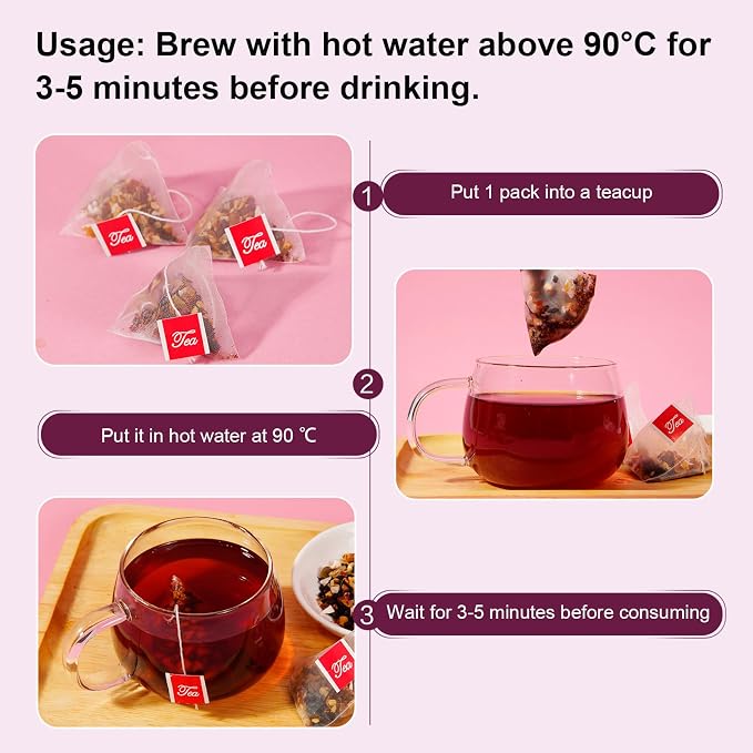 Hawthorn Berry Tea Bags, Hibiscus Herbal Tea, Caffeine-Free, 20 Count | 7-ingredient blend: dried plum, hawthorn, poria cocos, tangerine peel, red rose, diced pear and apple, tart fruity taste