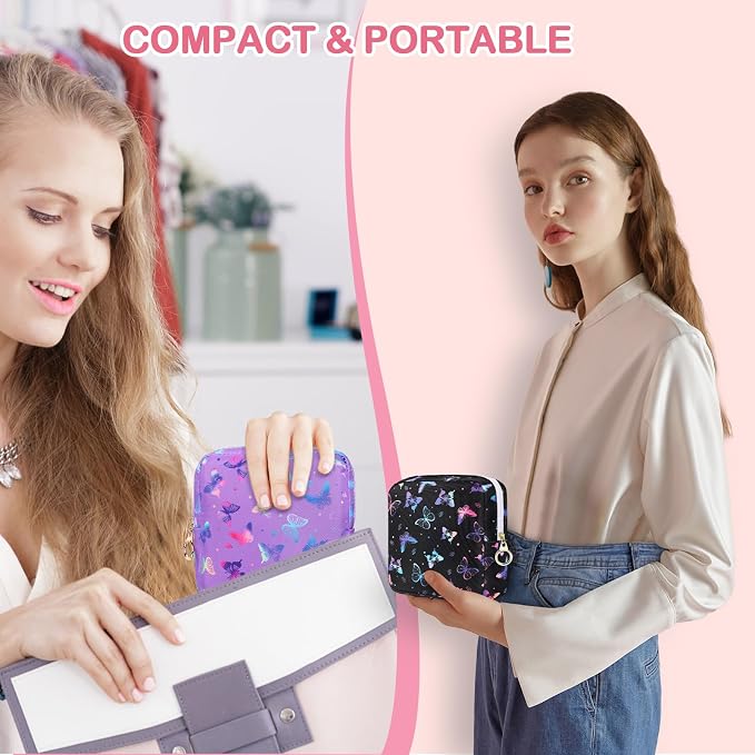 Likesing Period Bag Pouch, Canvas Sanitary Napkin Storage Bag for Girls Womens, Portable Sanitary Napkin Period Pad Pouch Bag for Purse, Small Make Up Bags(White Butterfly)