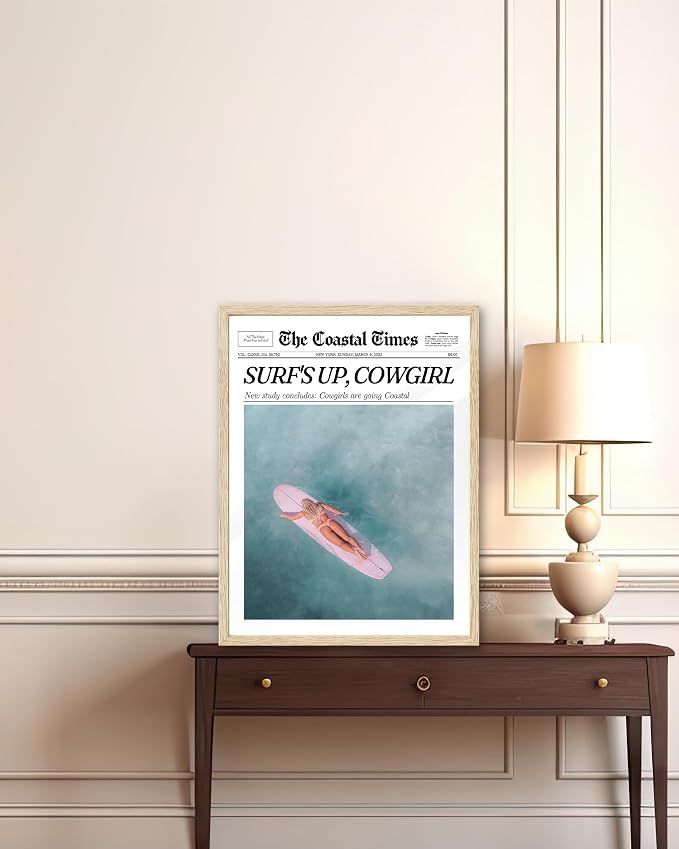iHery Small 8x10in Surf’s Up Cowgirl Framed Newspaper Wall Art | Natural OAK Wood Frame with Canvas Print, Coastal Western Decor for Bedroom, Girl Dorm, Living Room and Bar Cart, 1Pack