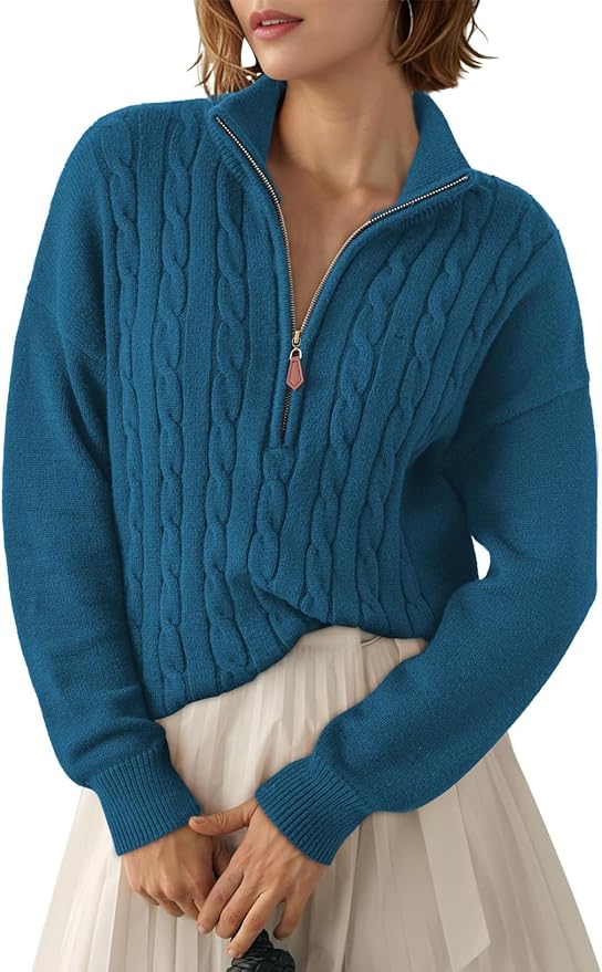 Dokotoo Women's Sweaters 2026 Fall Winter Quarter Zip Ribbed Cable Knit | Long Sleeve,Polo Neck,Lightweight Knit Pullover,Soft Comfy Tops,Casual Trendy Outfits,Fashion Clothing
