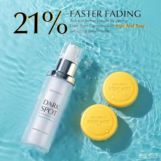 Enaskin Dark Spot Set - Serum & Soap Bars: Hyperpigmentation Body Treatment for Freckles Melasma Age Spot Sun Spot - Dark Spots Corrector Serum with Kojic Acid Soap Bars for Women and Men