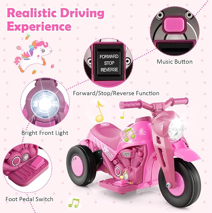 HONEY JOY Pink Ride On Motorcycle, 6V Toddler Motorcycle with Bubble Maker, LED Light, Music, Foot Pedal, Forward/Backward, 3-Wheel Battery Powered Electric Motorcycle for Kids, Gift for Boys Girls