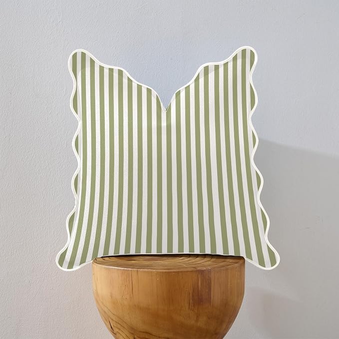 Scalloped Throw Pillow Covers | Decorative Couch Pillows | Cute Stripe Pillow Cases | Boho Sytle for Living Room (Green & White, 16x16 Inch)