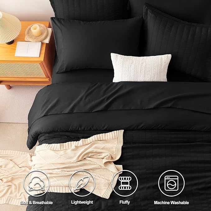 CozyLux Queen Comforter Set Black Seersucker 7 Pieces Bed in a Bag Queen Comforter Set with Sheets, Luxury Soft Bedding Set with Down Alternative Comforter, Sheets, Pillowcases & Shams for All Seasons