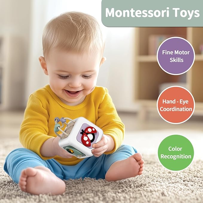 Baby Busy Board Cube, Toys for Boy Girl, Montessori Travel Toys for Toddlers, Learning Fine Motor Skills| Birthday Gifts for Infant Boys Girls (Insect Busy Cube)