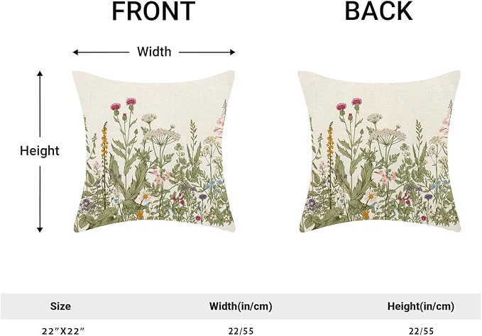 AEIOAE Sage Green Pillow Covers 22x22 Inch Set of 2, Spring Wildflower Plant Throw Pillows Case,Seasonal Floral Outdoor Decorative Flowers Farmhouse Decor Cushion Covers for Home Sofa Bed Couch