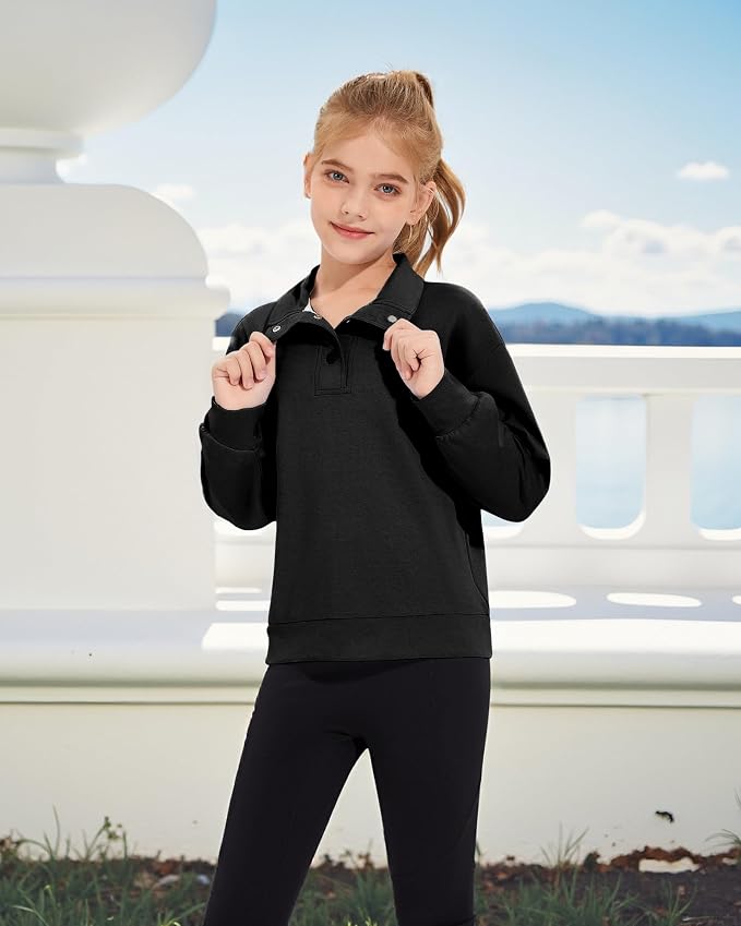 Girls Long Sleeve Collared Shirt Button Down Mock Neck Sweatshirt Athletic Cycling Clothing for Kids 5-14Years