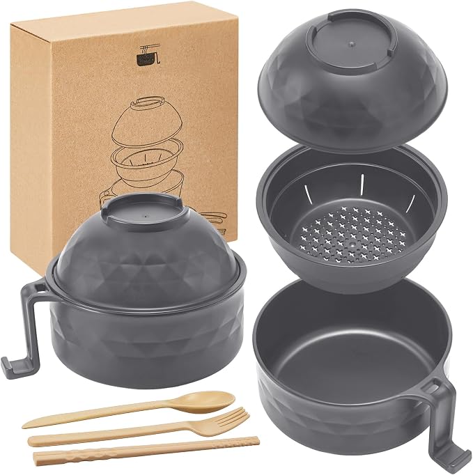 1 Set Microwave Ramen Cooker 40oz Wheat Straw Microwave Noodle Bowl Set with Chopsticks, Spoon, Fork, College Dorm Office Apartment Essentials (Gray)