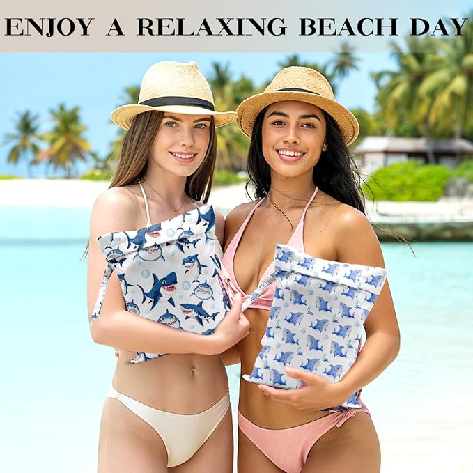 2 PCS Shark Travel Laundry Bags 12x10 Inch, Waterproof Reusable Wet Bag with Handle, Wet Dry Bag for Swimsuit Travel Beach Pool Diapers Dirty Yoga Gym Clothes Stroller Toiletries Daycare Organizer