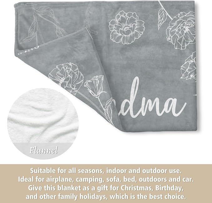 GiltGlimmer Grandma Gifts, Grandma Floral Blanket 50" x 60", Grey | Birthday Gifts for Grandma from Grandkids, to My Grandmother Soft Flannel Throw Blanket for Christmas Mothers Day