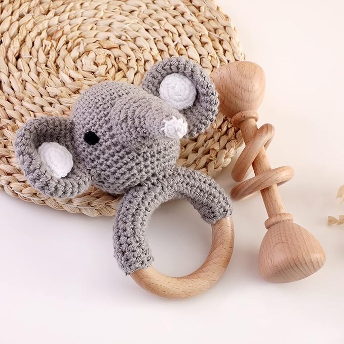 Wooden Baby Rattle Crochet Elephant and Wooden Rattle Baby Toys Set 2pcs Handmade Newborn Toy Early Development Grips Stuffed Animal Organic Rattle (Elephant Set)