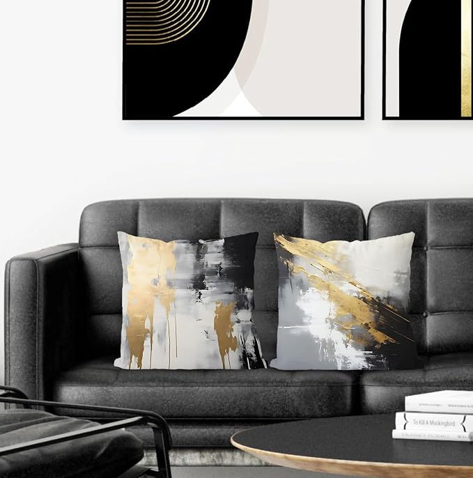 Black and Gold Pillow Covers, Decorative Pillow Covers for Couch Bed Living Room, Abstract White Black and Gold Pillow Covers 22x22 Set of 2