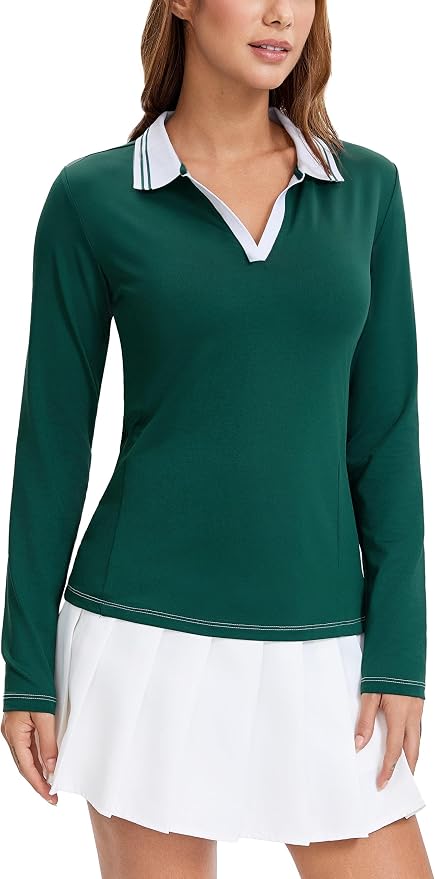 MathCat Womens Golf Shirts, Long Sleeve Polo Shirts Collared V Neck Tennis Shirts Breathable Athletic Tops
