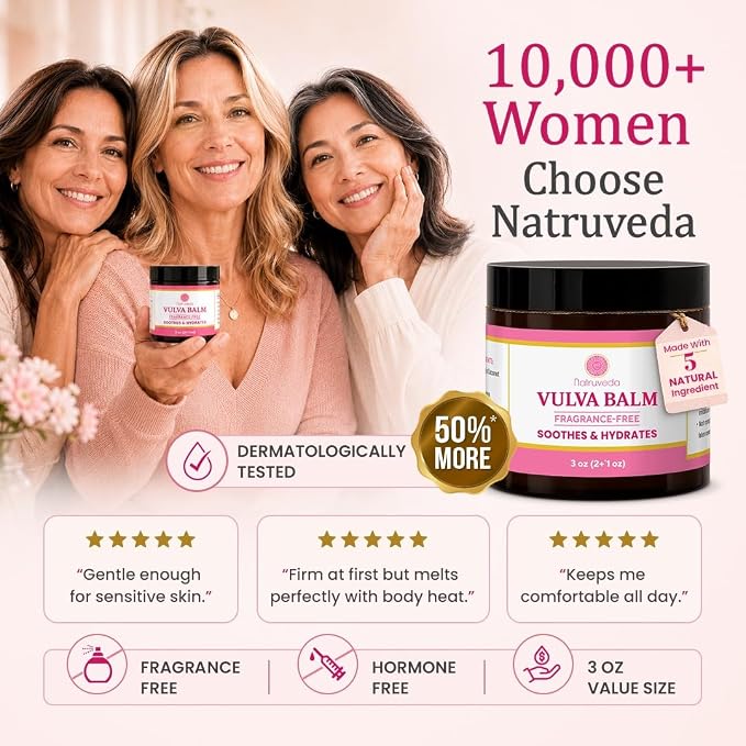 Natruveda Fragrance Free Vulva Balm Moisturizer for Women – Intimate Hydration & Menopause Dryness Support – Natural Feminine Balm for Vulvar Irritation & Itching – Hormone Free – 3 oz