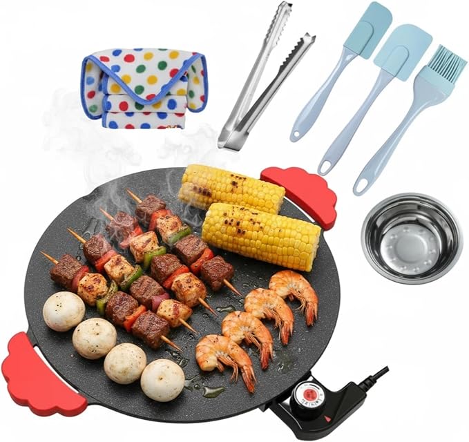 16" Indoor Grills Electric Smokeless, Includes 4 Barbecue Tools, 3 Cleaning Towels, Drip Tray, Suitable for Teppanyaki and Grilling