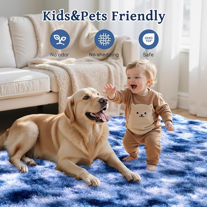 5x7 ft Fuzzy Rug for Living Room Soft Fluffy Blue White Bedroom Area Rugs Non-Slip Shaggy Carpet for Nursery Kids PlayRoom Dorm Office Indoor Modern Plush Carpets