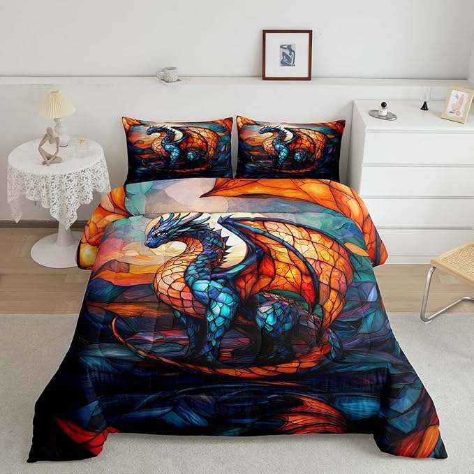 Feelyou Dragon Comforter Set Toddler Size Dragon Stuff Comforter for Boys Girls Teens Wild Life Bedding Set Dragon Decor Duvet Set Room Decor Orange Blue Quilt Set