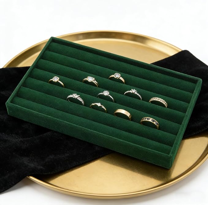 Velvet Jewelry Organizer Tray, Dark Green 8 Rolls | Stackable Jewelry Storage Display Tray for Drawer Dresser Cloest Organizer