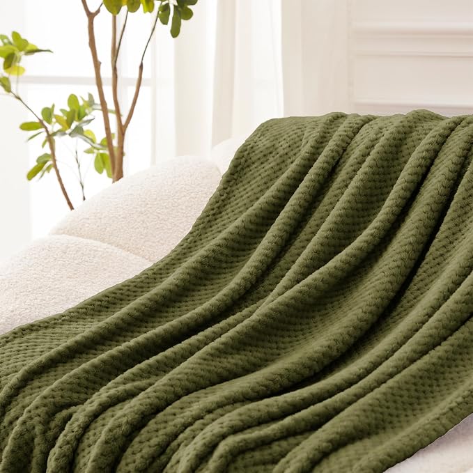 Exclusivo Mezcla Soft Waffle Fleece Bed Blanket Queen Size, Olive | Lightweight Plush Blanket for Bed, Bedroom, Cozy Flannel with Waffle Texture, Stylish Home Decor, All Season, 90x90 Inches