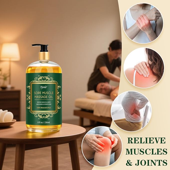 Pjordo Sore Muscle Massage Oil for Massage Therapy, 8 FL OZ Natural Body Massage Oil with Lavender Oil, Arnica & Chamomile Extract, Soothes Muscle and Joint for Professional & Home Use