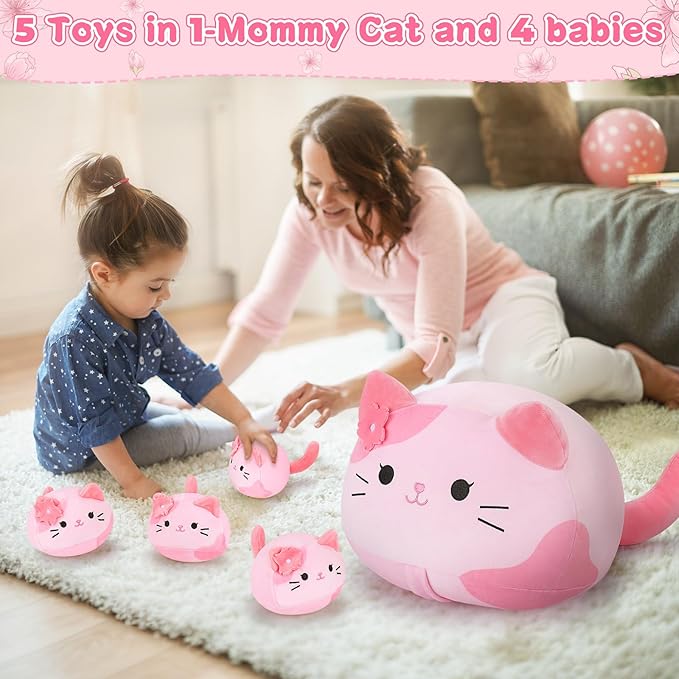 5 PCS Pink Sakura Cat Plush Stuffed Animal Family-19" Soft Pink Sakura Cat Plush, Large Mommy Plushies with 4 Baby Kittens Plushies, Kawaii Plush Toy Christmas Birthday Gifts for Kids Boys Girls