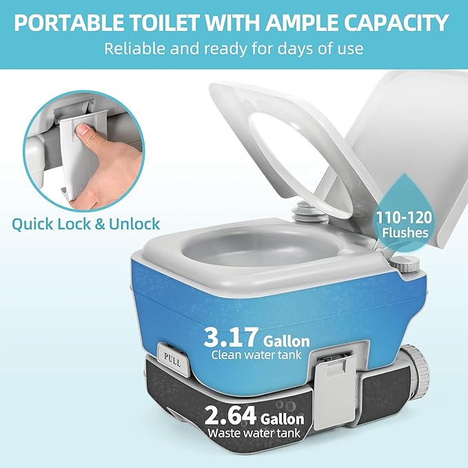 YITAMOTOR 3.2 Gallon Portable Toilet, Camping Porta Potty, RV Toilet with Powerful Flush Pump, Odor-Sealing Slide Valve, Leakproof for Adults, Hiking, Outdoors, Travel