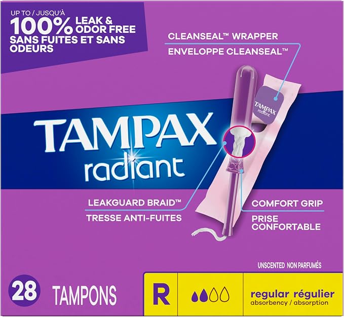 Tampax Radiant Tampons Regular Absorbency, Unscented, 28 Count (Pack of 2)