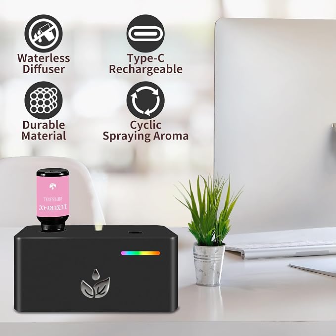 Waterless Essential Oil Diffuser with 10pcs Mixed Fragrance Oils, Automatic Scent Diffusers, Rechargeable Air Aromatherapy Diffuser with 3 Spray Modes for Home Office Hotel