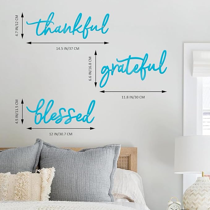 Thankful Grateful Blessed Letter Sign Metal Wall Decor, 3 Piece Black Letters Wall Art for Bathroom Bedroom Metal Words Wall Decor for Home Decor (Blue)