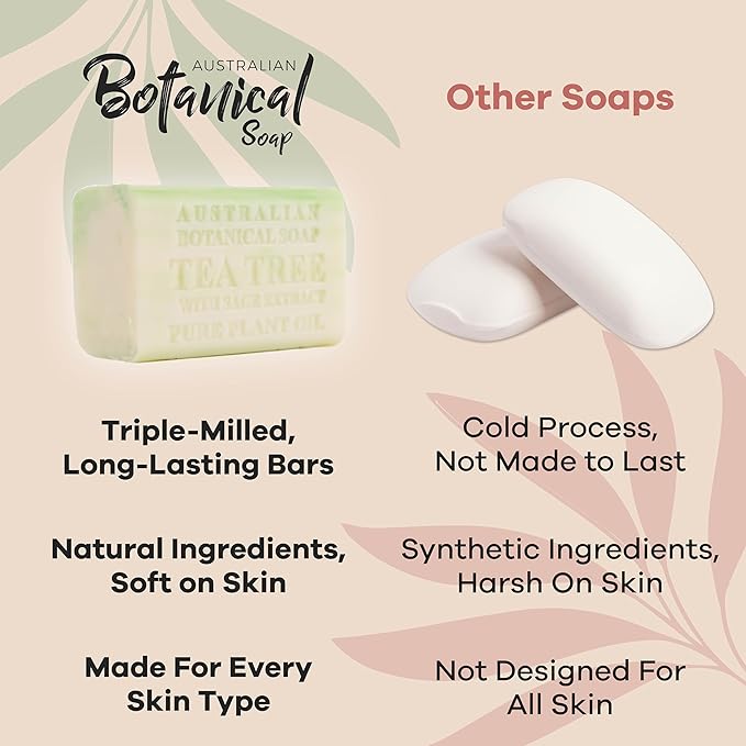 Australian Botanical Soap Tea Tree with Sage Extract – Triple Milled 6.6 oz Bar Soap with Shea Butter, Face Hand & Body Soap Bars, Pack of 4