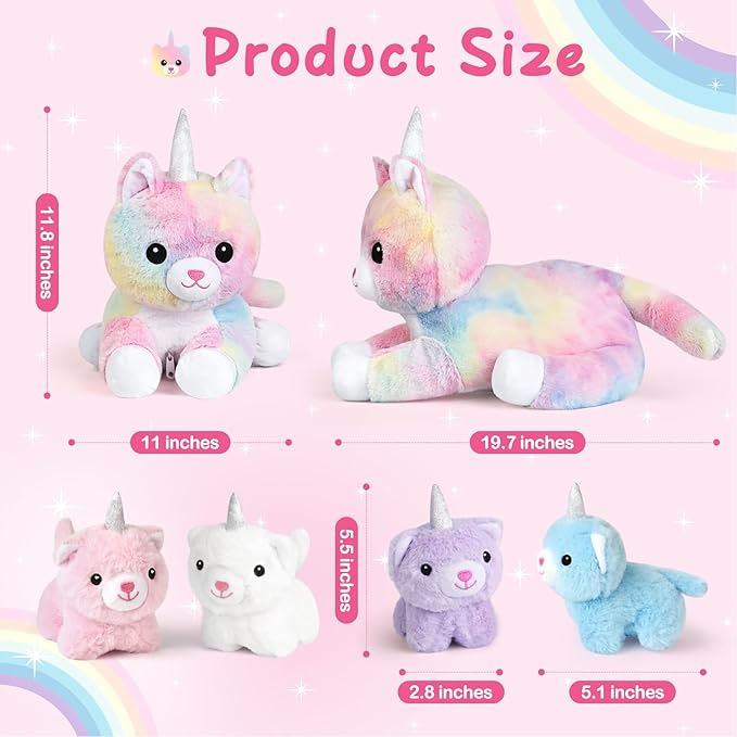 KMUYSL Toys for Ages 3 4 5 6 7 8+ Years - Plush Mommy Stuffed Animal with 4 Babies in Her Tummy, Soft Plush Toys Set, Christmas Birthday Gifts for Girls Boys Baby, Toddler, Kids (Unicorn Cat Toys)