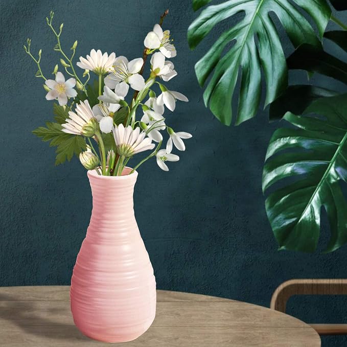 Unbreakable Vase for Flowers, Ceramic Look Plastic Vase for Home Decor, Living Room, Table (Seashell Pink)