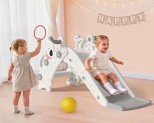 Babytronic Toddler Slide Indoor & Outdoor Playground, 4-in-1 Baby Slide with Climber, Basketball Hoop & Ring Toss, Foldable Freestanding Kids Slide, Climber Playset for Toddlers Ages 1-3, Cream & Gray