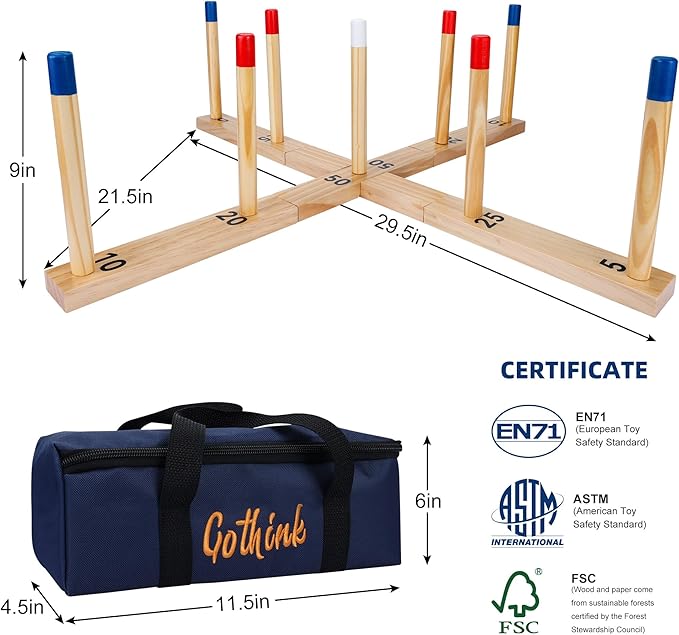 Gothink Extra Large Ring Toss Game for Adults & Kids, 30" Wooden Ring Toss Game Outdoor Fun with 9 Poles, 10 Rings and Carrying Bag Easy to Set Up & Compact Carry Portable Yard Games Toys Gifts