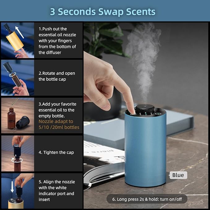 Waterless Essential Oil Diffuser Aromatherapy Scent Diffusers for Home Large Room, Bedroom, Car, Office, Desk, Battery Operated Mini Portable Air Freshener, 3 Countdown Timers & 3 Mist Levels, Green