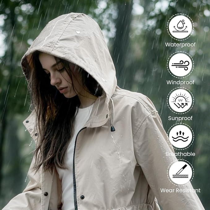 LAMA Womens Long Raincoats Rain Jacket Waterproof Packable Hooded Windbreaker Lightweight Adjustable Waist for Outdoor