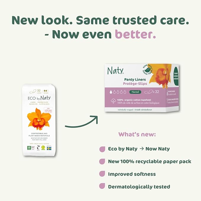 Naty Daily Panty Liners for Women, Normal, Wrapped, 32 Count | 100% Organic Cotton top Sheet, Certified Skin-Safe, Thin, Unscented, Absorbent Protection, Comfortable & Breathable