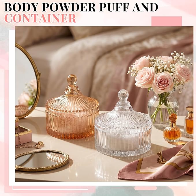 Tioncy 2 Set Vintage Glass Vanity Jar with Powder Puff, Decorative Crystal Powder Container for Bathroom Counter & Feminine Vanity Decor, Gift for Women(Classic,Amber and Clear)
