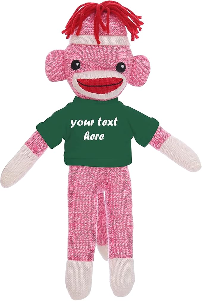 Personalized Huggable Pink Sock Monkey 8 Inch Plush Stuffed Animal Gift - Custom Text on Shirt - Perfect for Halloween Day Valentine's Day Graduation Day Birthday Present (Forest)