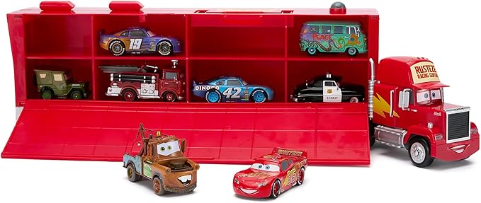 Disney Store Official Mack Hauler Play Set - Light & Sound Mack Carrier with 8 Pullback Die Cast Vehicles - Red, Fillmore, Lightning McQueen, Bobby Swift, Cal Weathers, Sarge, Sheriff & Tow Mater
