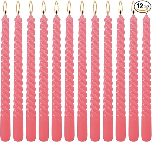 WPONSZU 10 Inch Pink Spiral Taper Candle Set of 12 Pack Unscented Dripless Candlesticks for Valentine's Day,Dinner,Party,Brithday,Wedding,Christmas,and Home Decoration